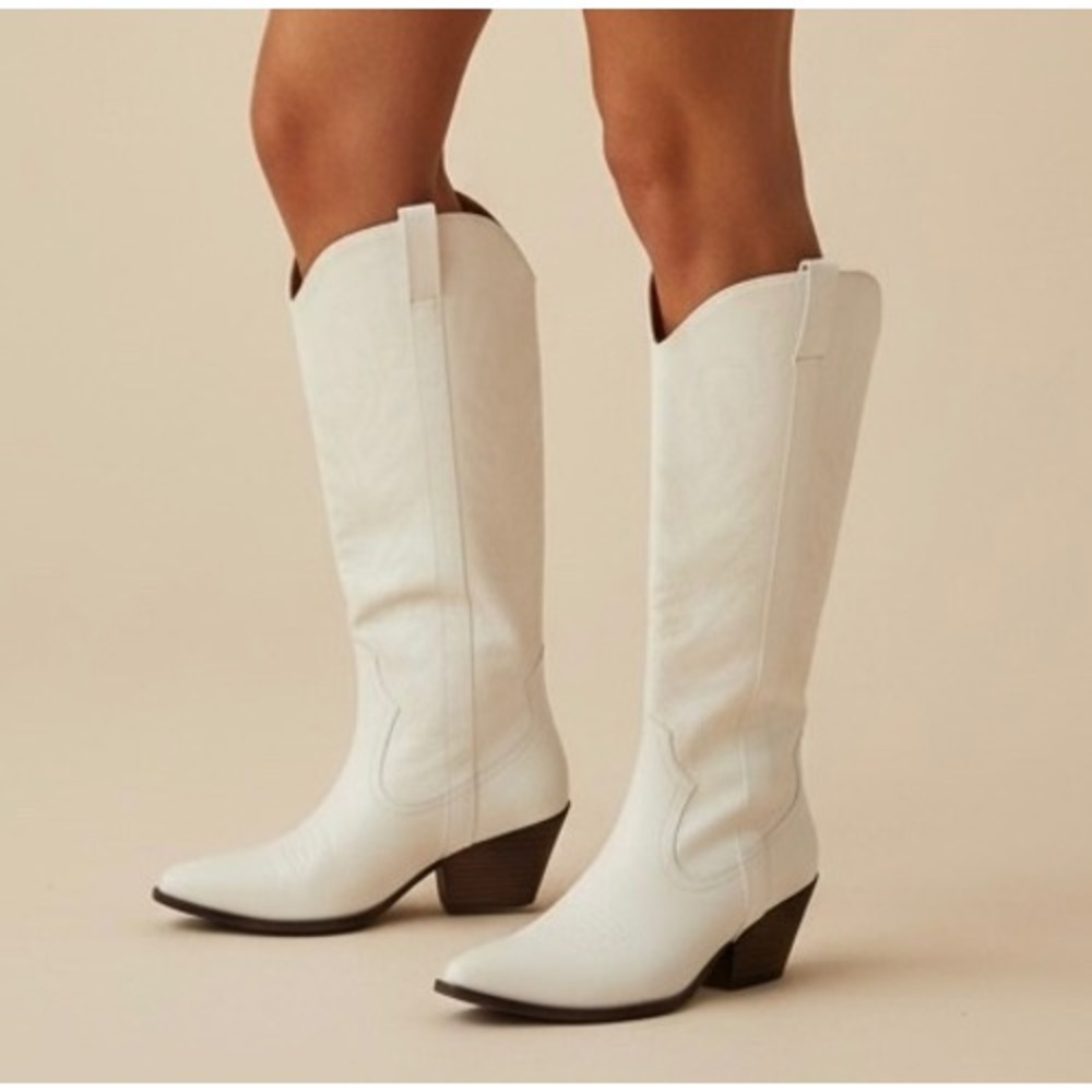 NEW White Tall Western Cowboy Boots Size 8 Pointed Toe Side Zip Tonal Stitching